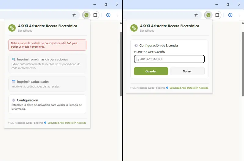 Menú de configuración de ArXXI para introducir la clave de activación de la farmacia