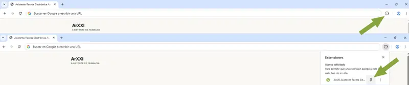 Pasos para fijar la extensión ArXXI en la barra de Google Chrome mediante la chincheta